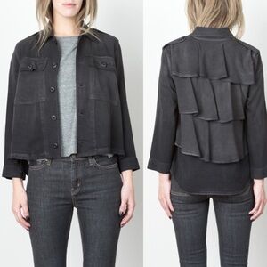 AMO DENIM Ruffle Shirt Jacket in Washed Black, Large, NWOT